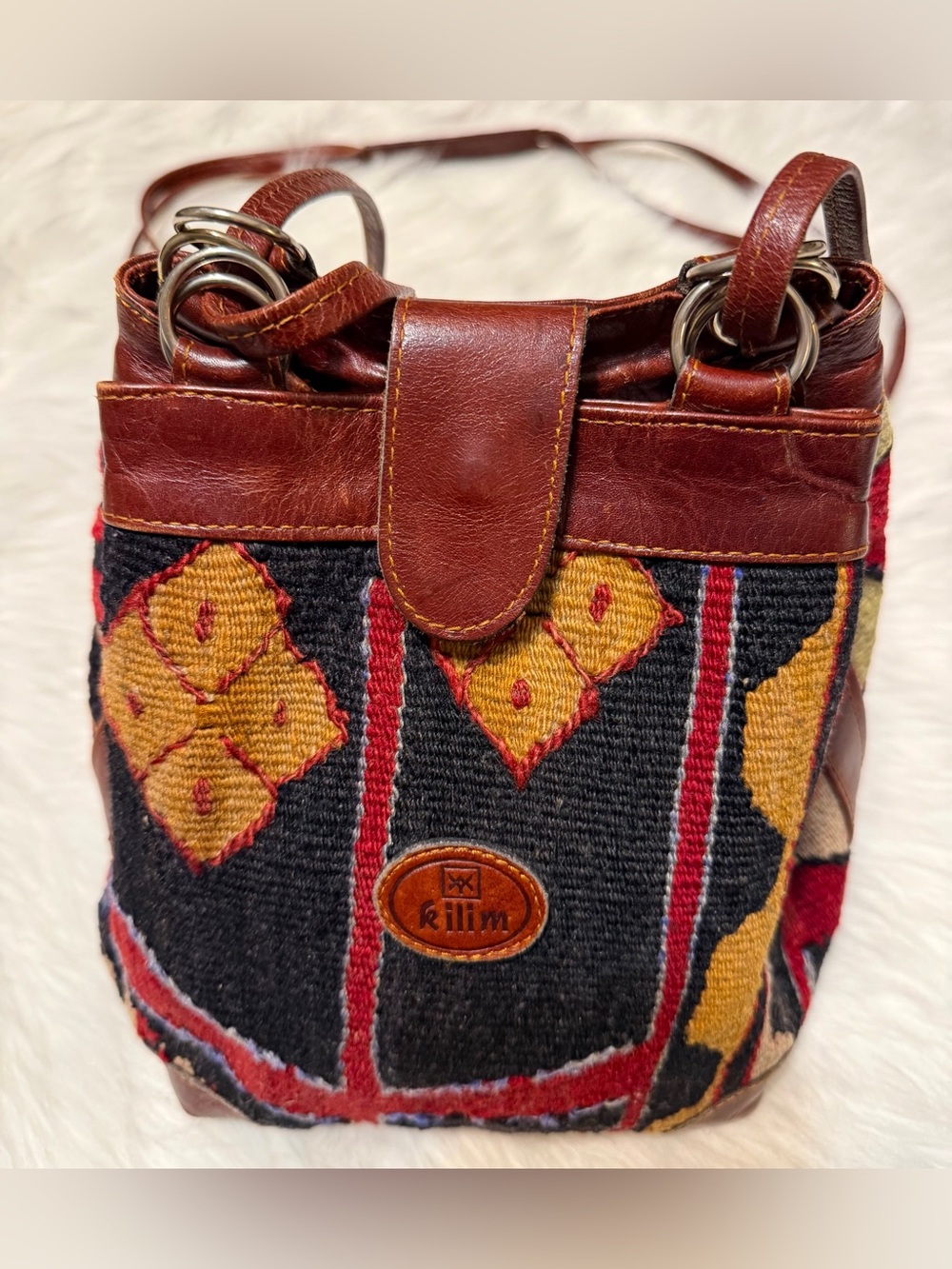 Kilim Vintage Leather-Trim Bucket Bag - Black, Brown & Mustard Crossbody
